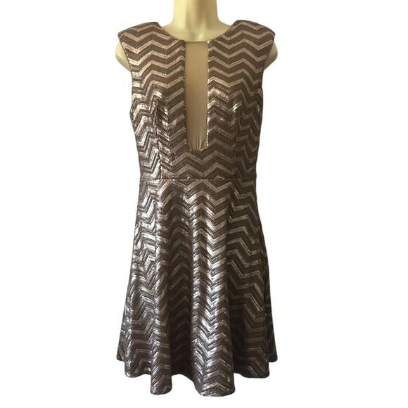 Bebe  Bronze Metallic Sequin Dress Size Medium Fit Flare Styling Holiday Party - Picture 1 of 14
